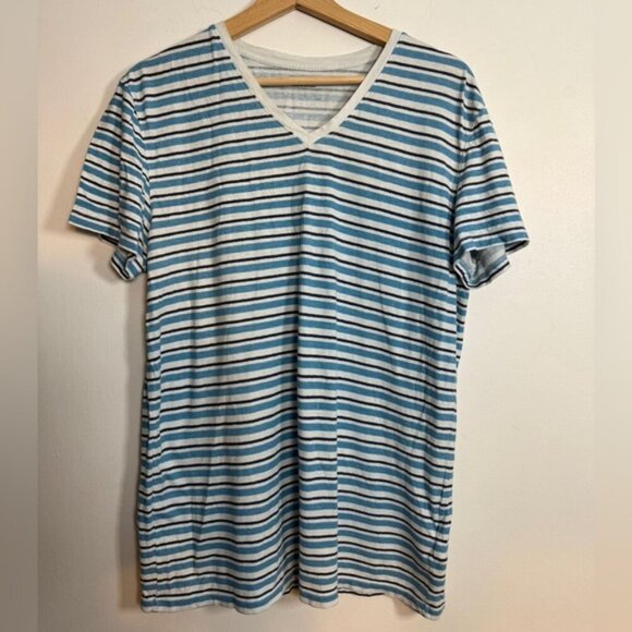 GAP Men’s Blue & White Striped V-Neck T-Shirt – Size M - Picture 2 of 6
